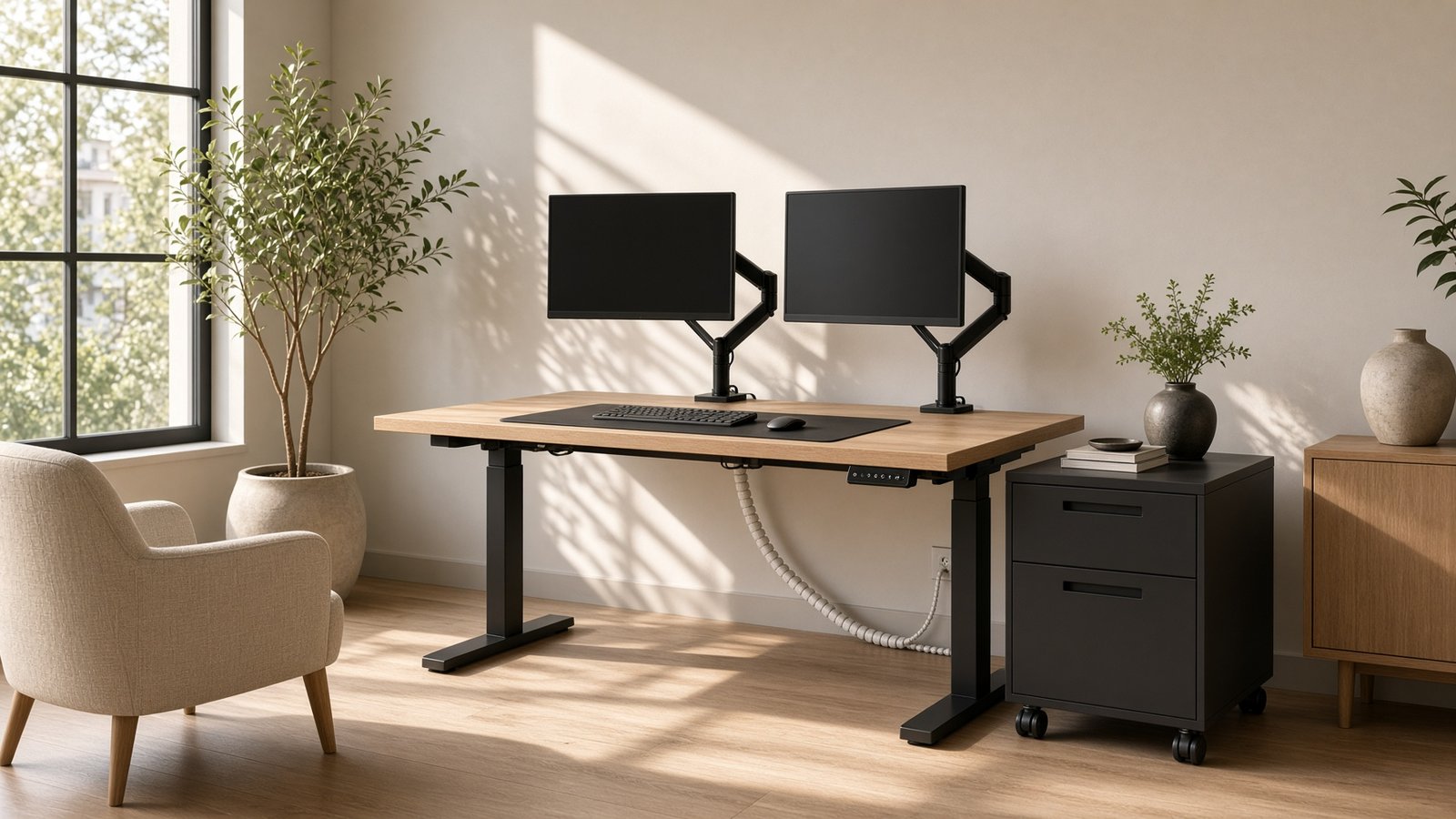 Calm office with standing desk accessories